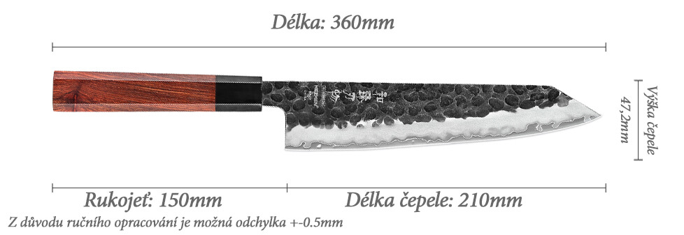 Rozměry šéfkuchařského nože HezHen PM8S 8,5